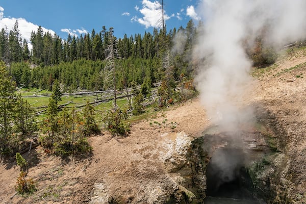 Dragon\'s Mouth Springs showing mist or fog and a hot spring