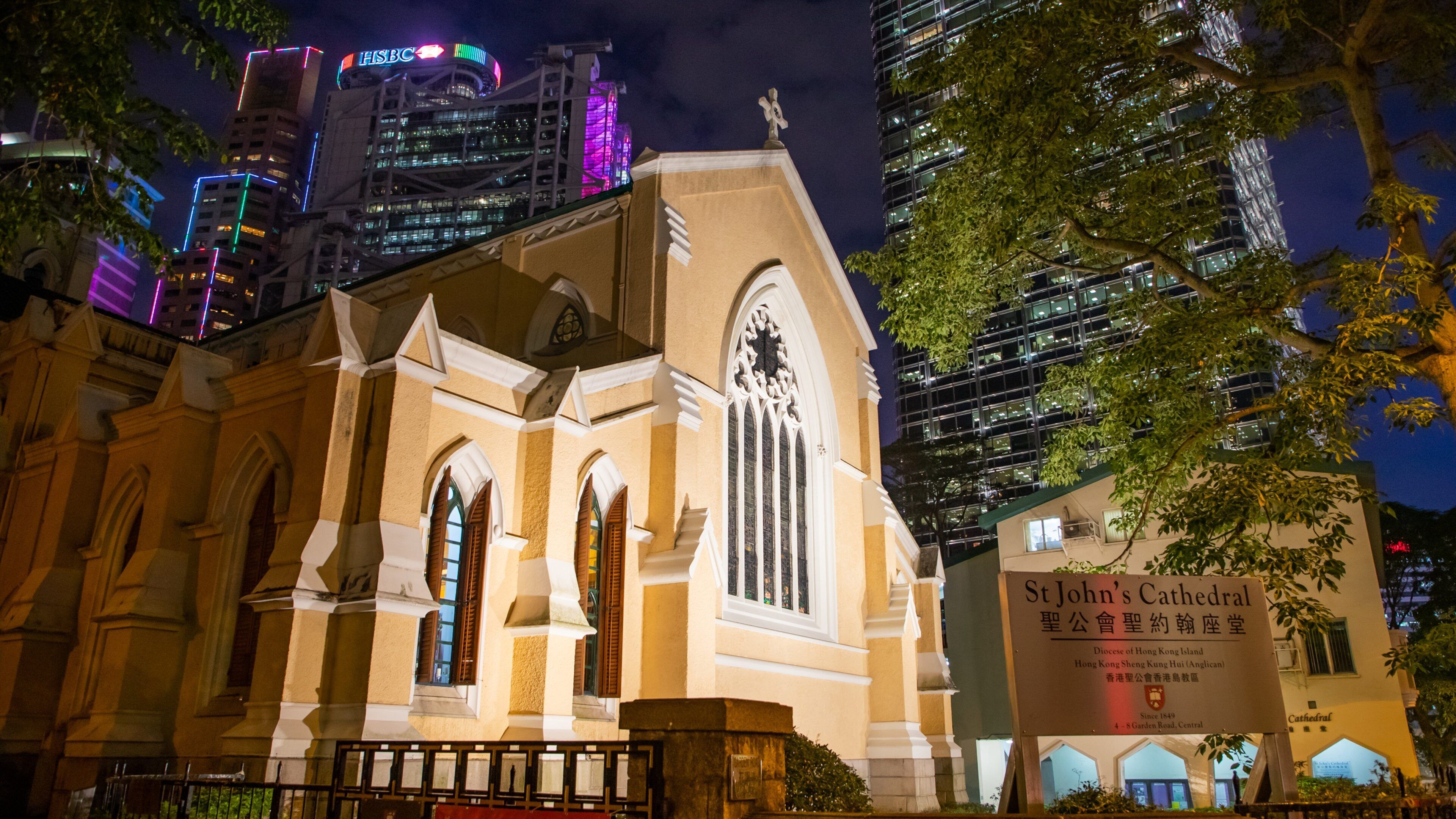 Hong Kong St. John\'s Cathedral featuring heritage architecture, night scenes and a city