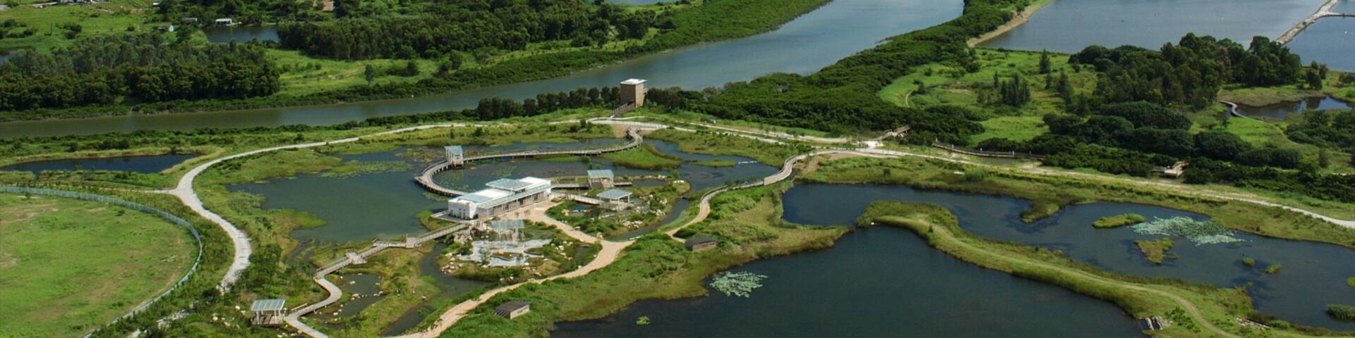 Parc Wetland de Hong Kong montrant zone humide et jardin