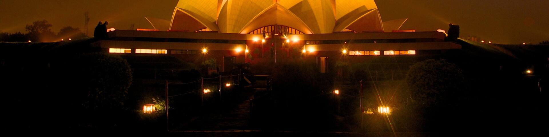 Lotus Temple featuring night scenes and modern architecture