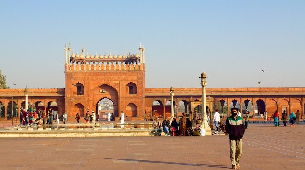 Jama Masjid som inkluderer torg eller plass og kulturarv i tillegg til en stor gruppe med mennesker