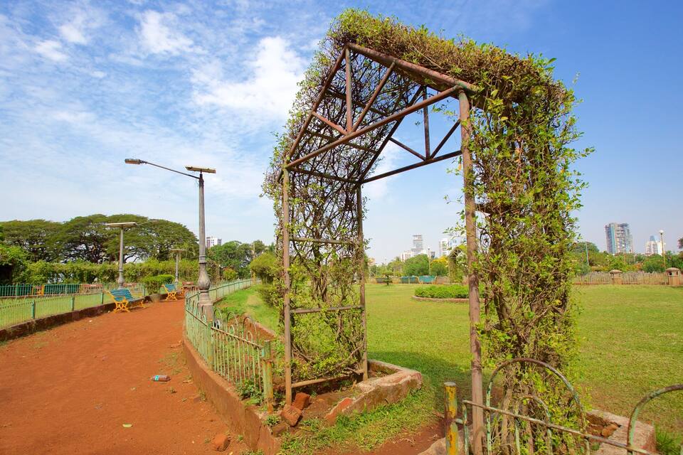Un parque con un pérgola de metal cubierta de hiedra, un camino de tierra, bancos y una cerca.
