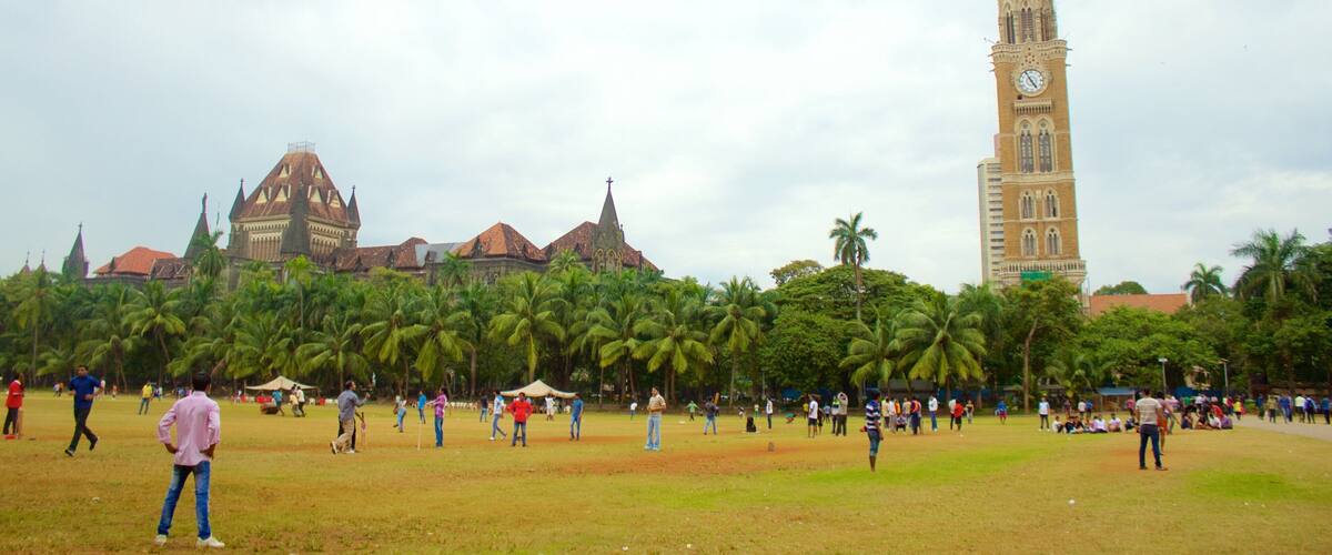 Rajabai Tower showing a park as well as a large group of people