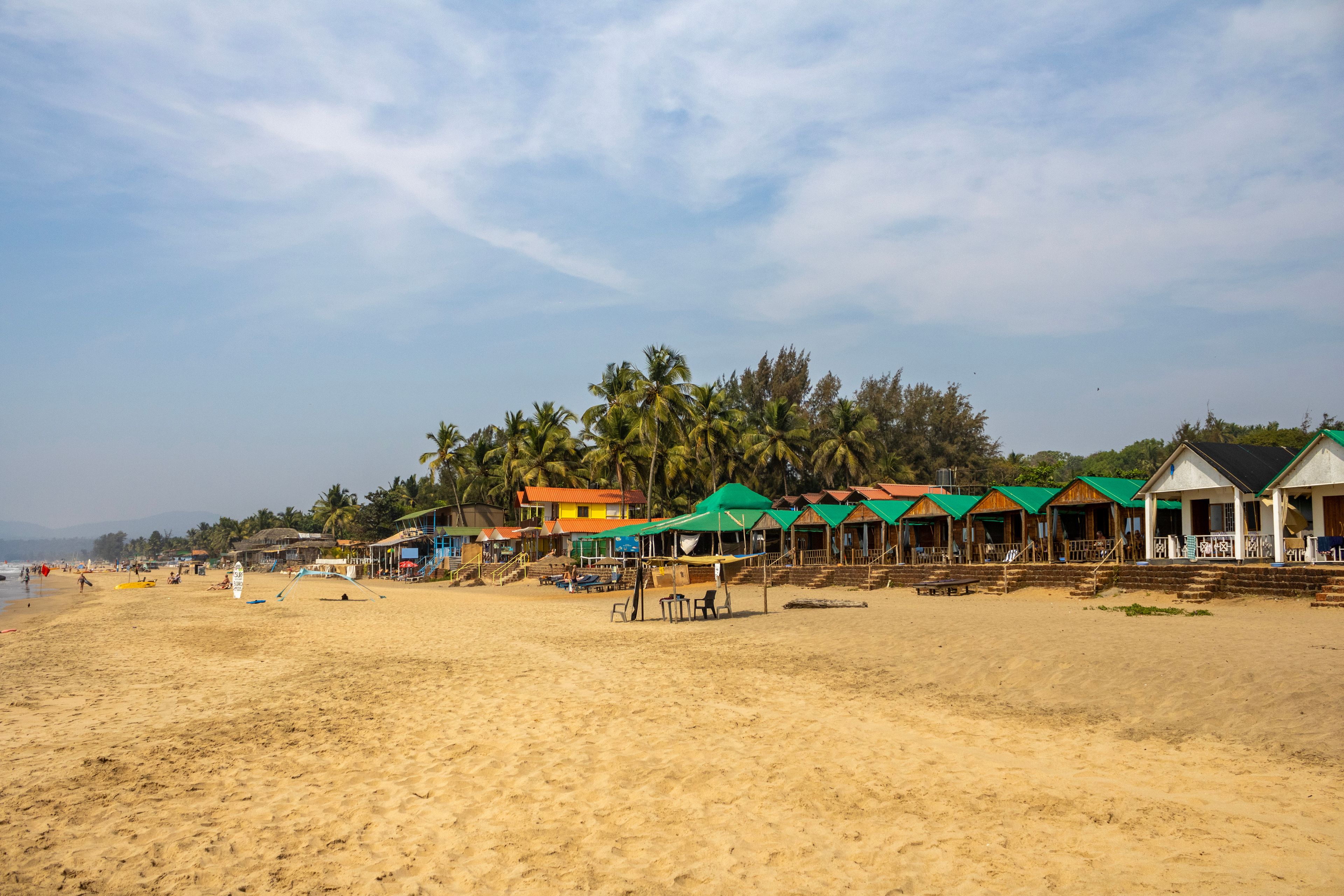 A beach with palm trees and beach huts.