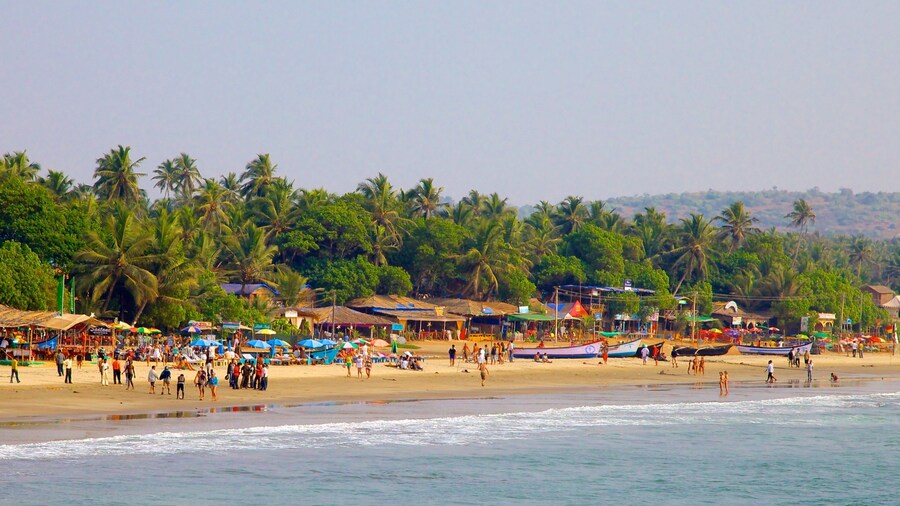 Arambol Beach featuring a coastal town, a beach and landscape views