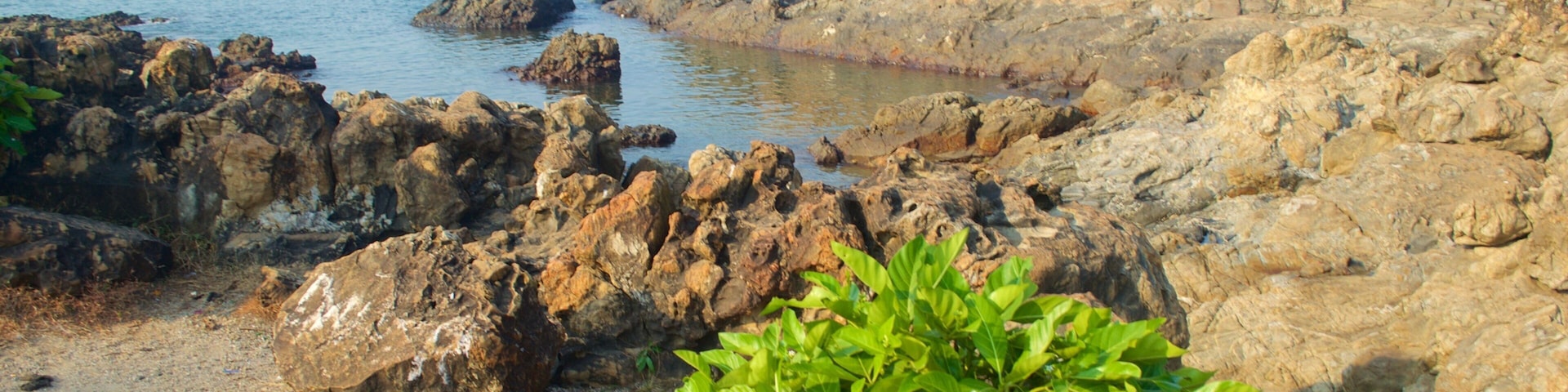 Plage de Vagator montrant vues littorales, cÎte escarpée et plage de sable