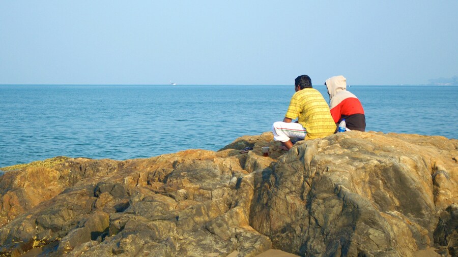 Vagator Beach featuring general coastal views and rocky coastline as well as a small group of people