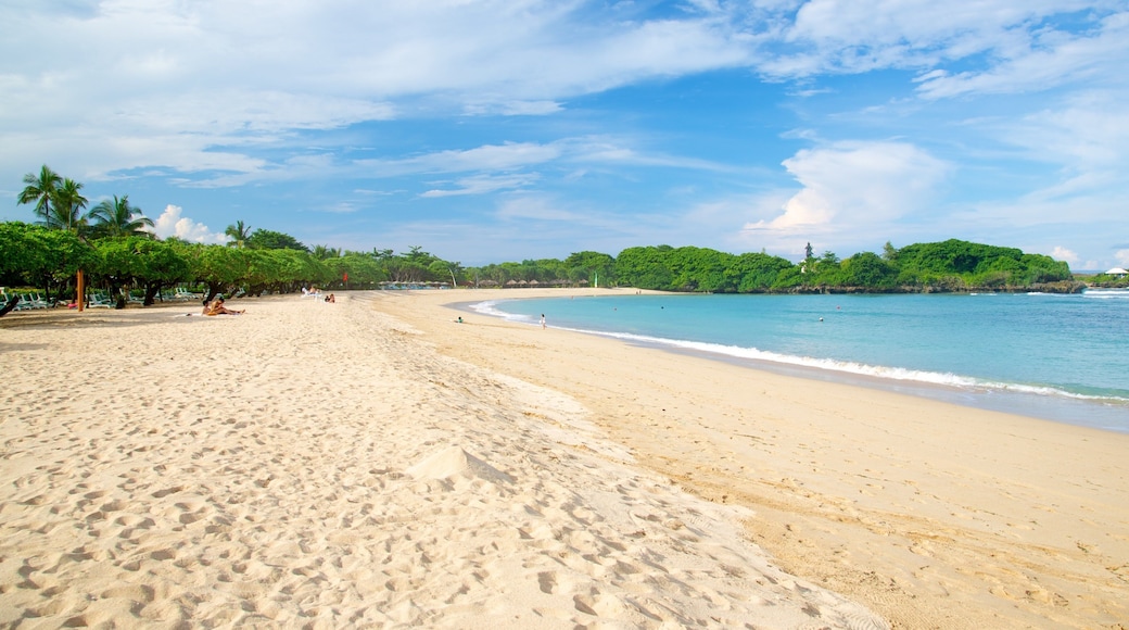 Nusa Dua Beach which includes a sandy beach and tropical scenes