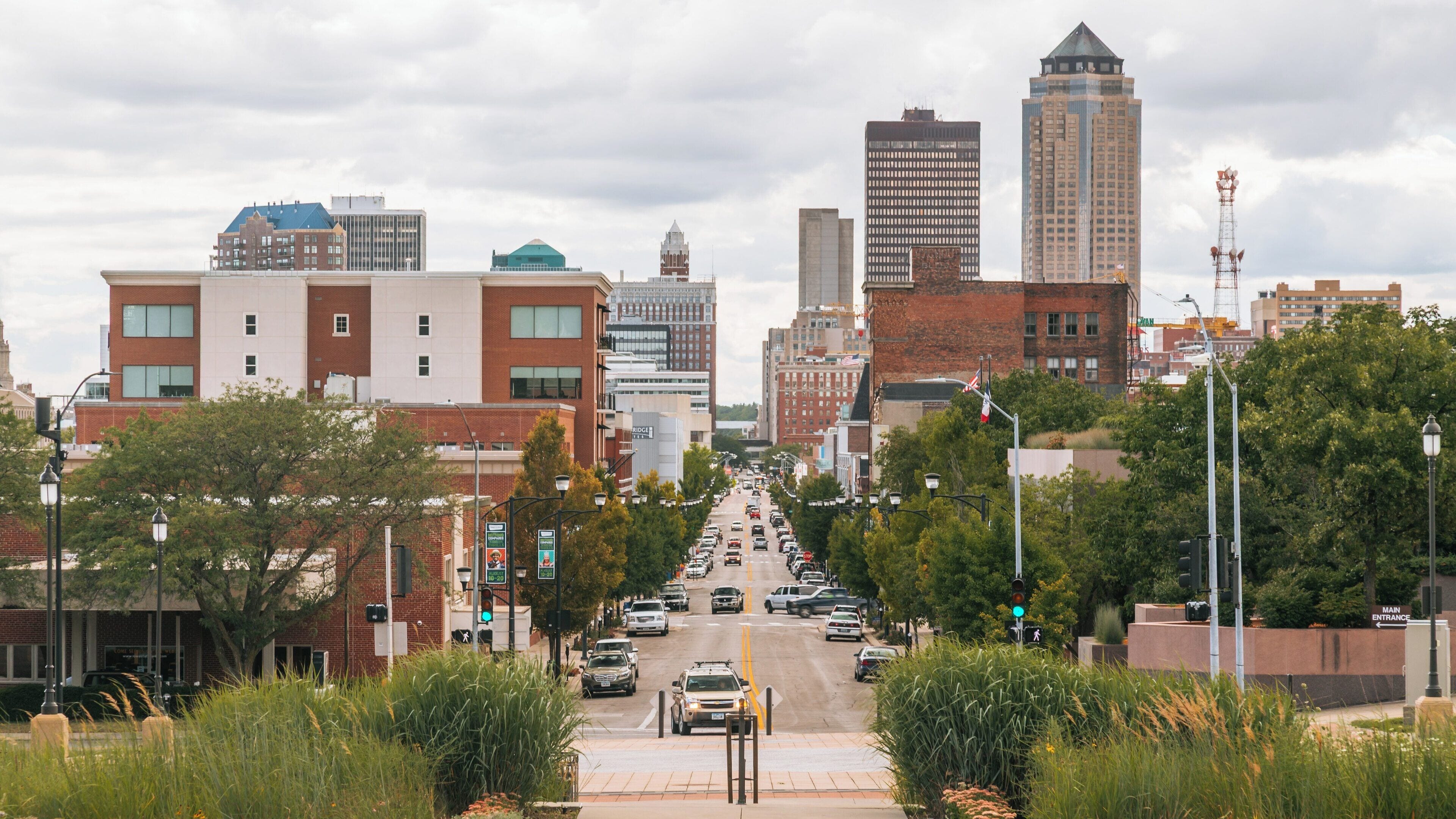 View of Iowa State Capitol Building amidst urban landscape in Historic East Village of Des Moines, Iowa