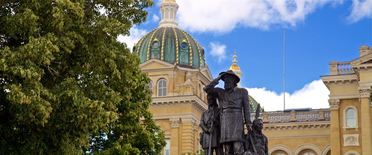 Iowa State Capitol Building which includes a statue or sculpture