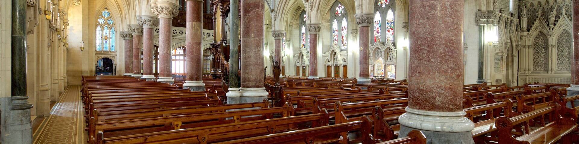 An interior of a cathedral with high vaulted ceilings, stained glass windows, and rows of wooden pews.