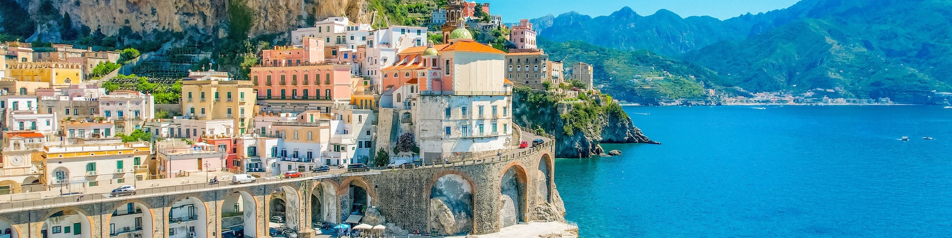 Atrani on Amalfi Coast, Italy. Aerial photo of famous city Atrani located on Amalfi Coast in Italy