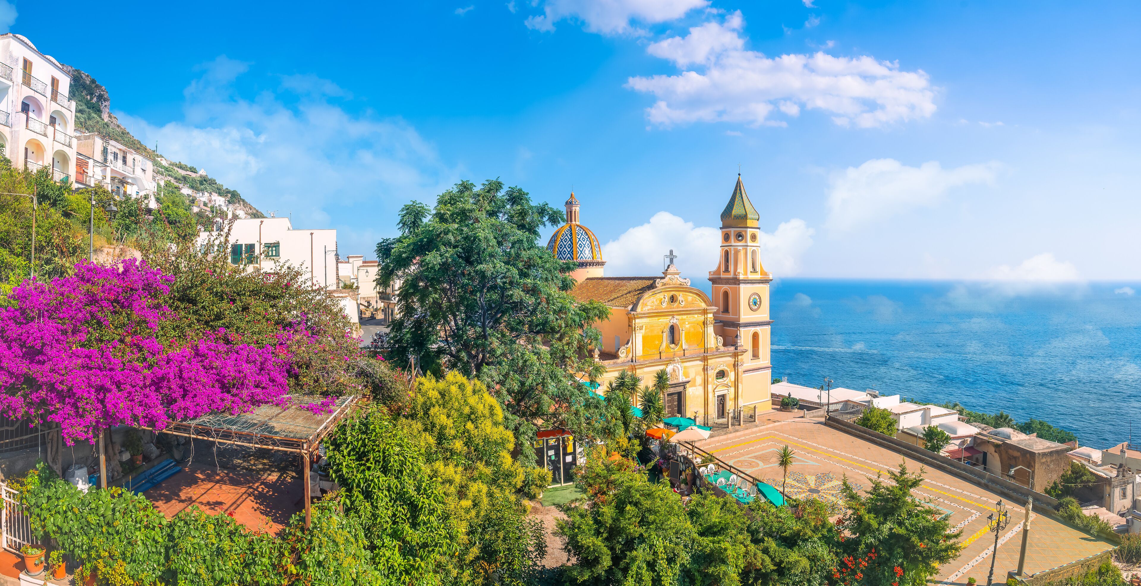Landscape with Praiano village at famous Amalfi Coast, Italy