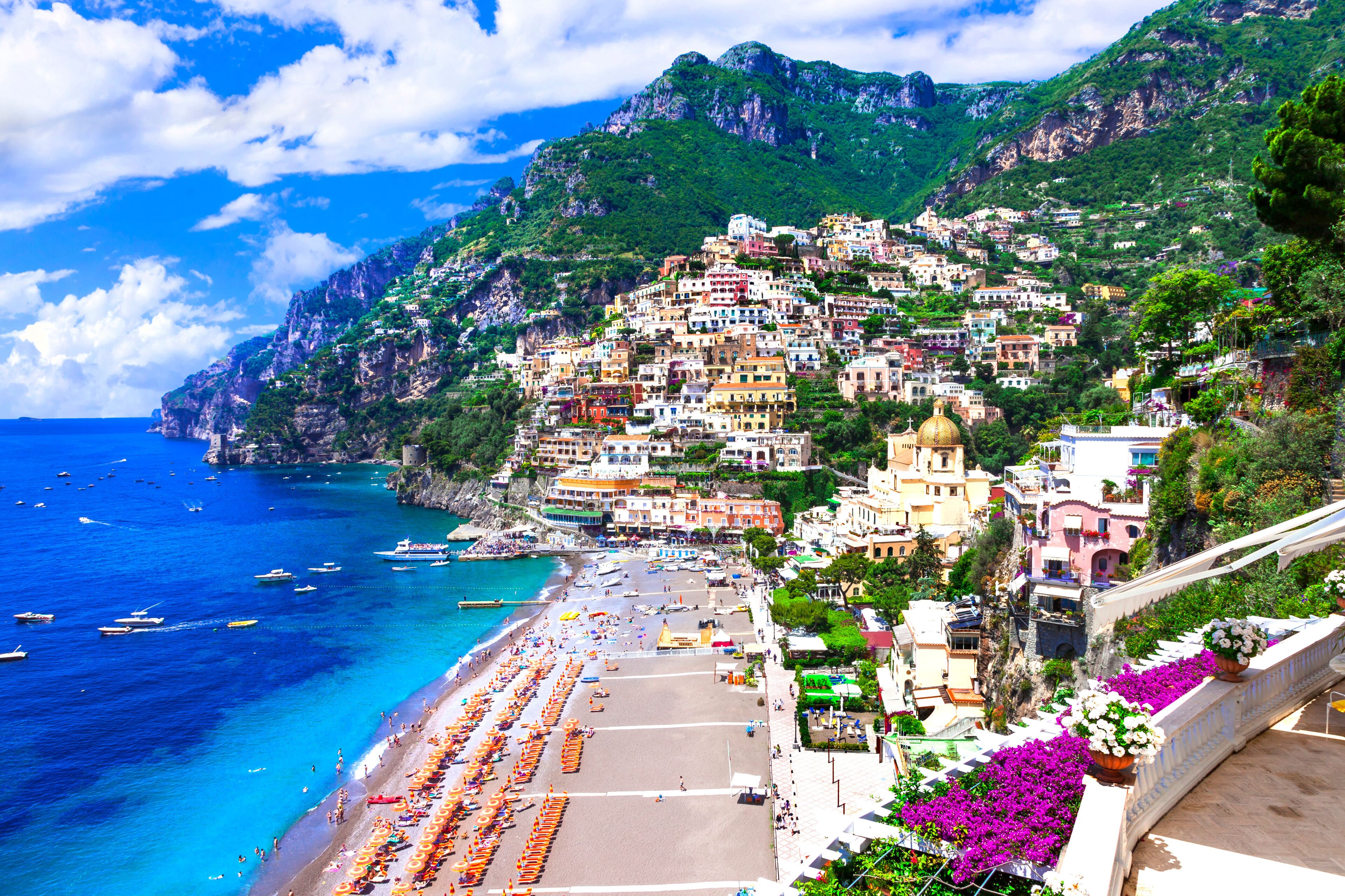 Positano Coastal Town Amalfi Coast 5K: Colorful Houses on Cliffs, Spiaggia Grande Beach and Turquoise Tyrrhenian Sea, UNESCO World Heritage Italy, Mediterranean Aesthetics Luxury Travel Destination