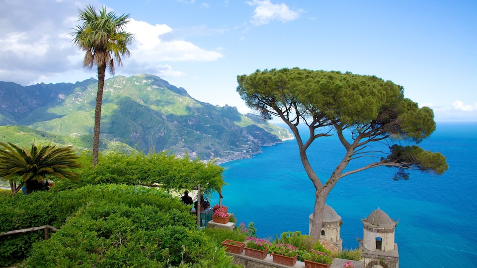 A coastal landscape with a prominent pine tree, a palm tree, and a stone tower overlooking the sea.