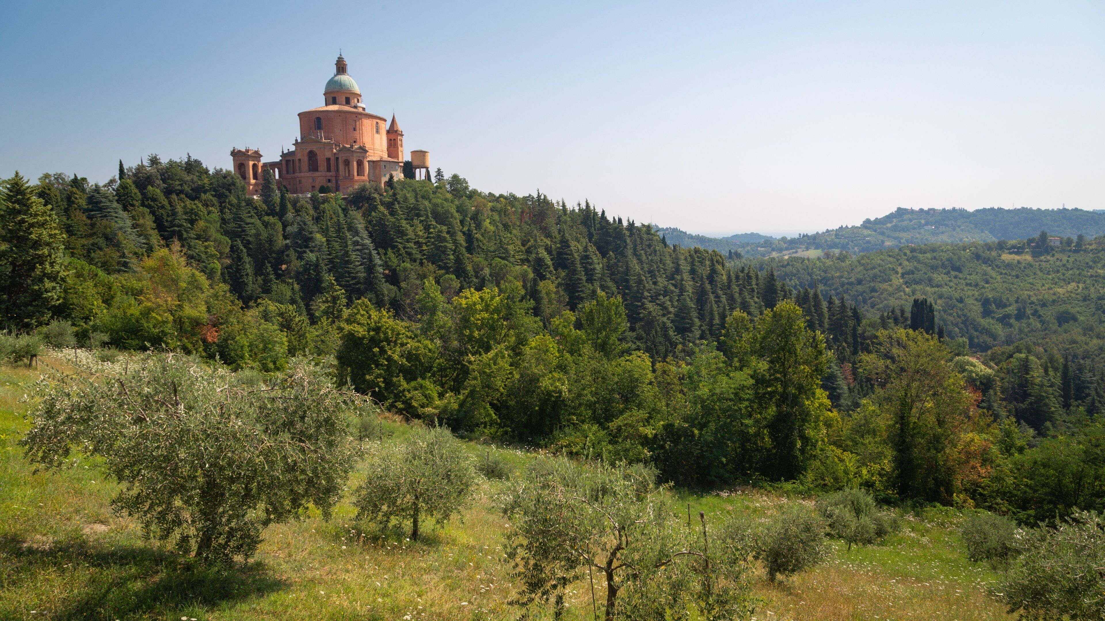 Sanctuary of the Madonna di San Luca which includes landscape views, heritage architecture and tranquil scenes