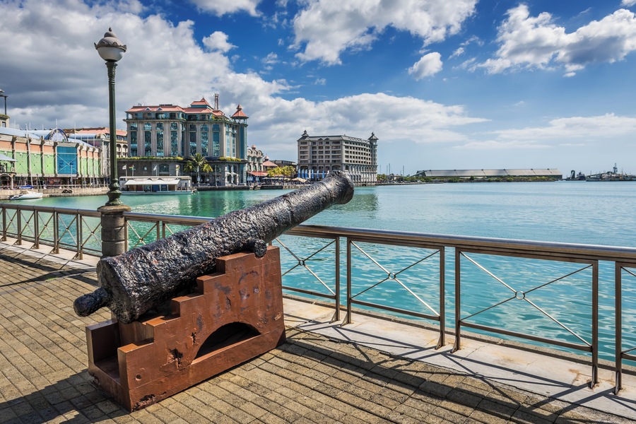 Old cannon on the promenade at Caudan Waterfront, Port Louis, Mauritius, Indian Ocean