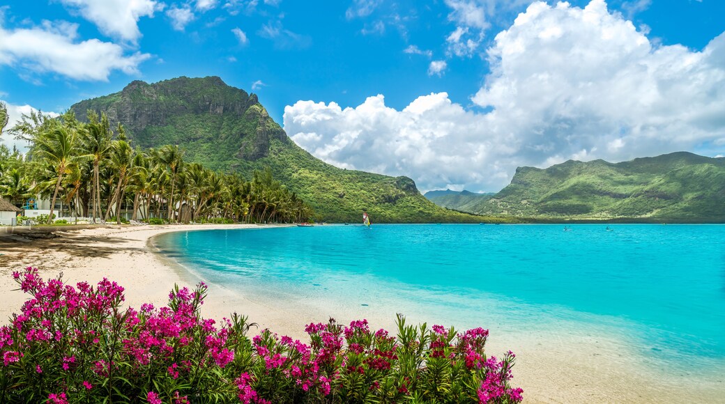 Landscape with Le Morne beach and mountain at Mauritius island, Africa