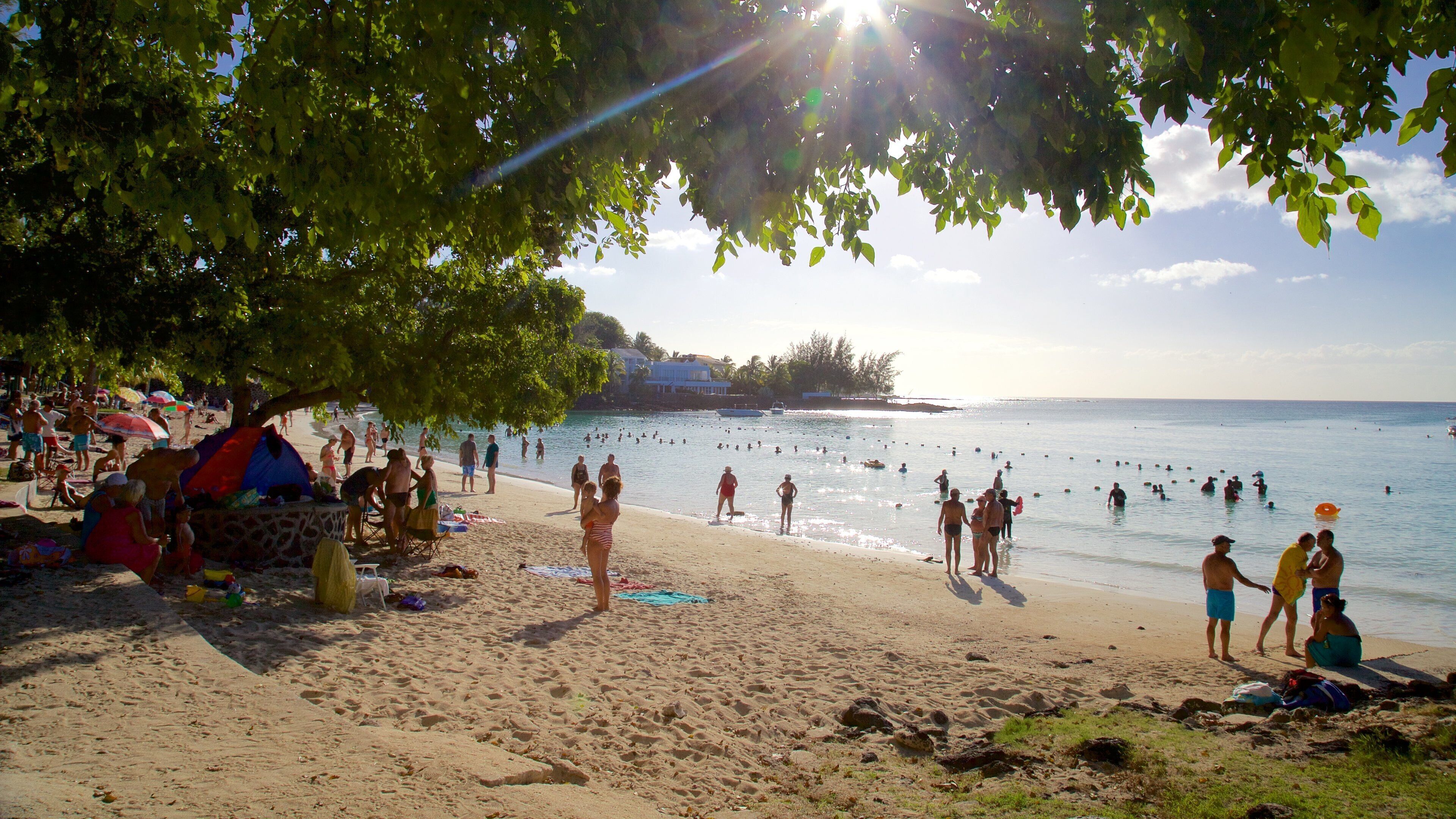 Mauritius showing a beach as well as a small group of people