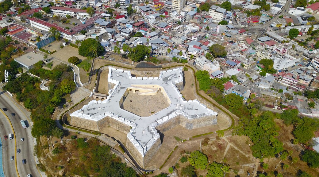 Aerial view of Fort San Diego in Acapulco, taken with a drone