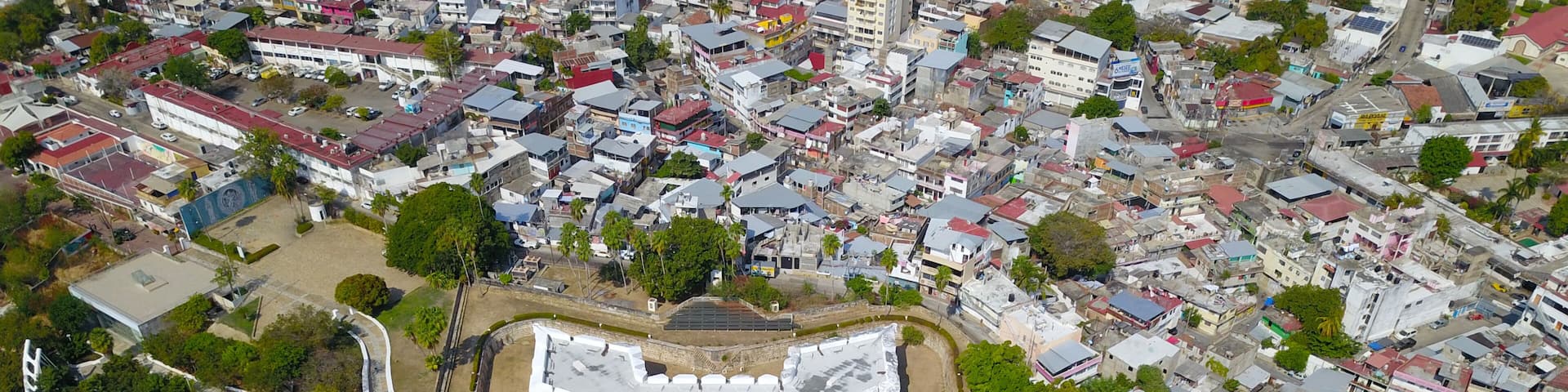 Aerial view of Fort San Diego in Acapulco, taken with a drone