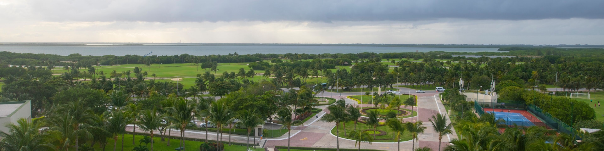 Aerial view of Iberostar Selection Hotel garden and Laguna Nichupte Lagoon in Cancun, Quintana Roo QR, Mexico.
