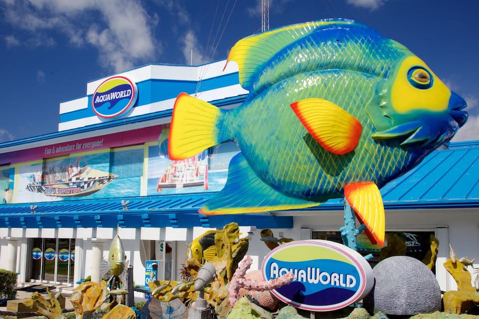 Uma grande escultura de peixe em frente a um edifício com o logotipo da Aquaworld.