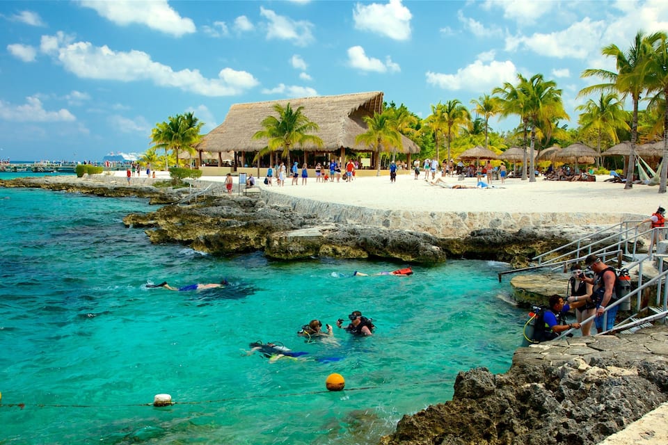 Una playa con agua turquesa cristalina, palmeras y una cabaña con techo de paja.