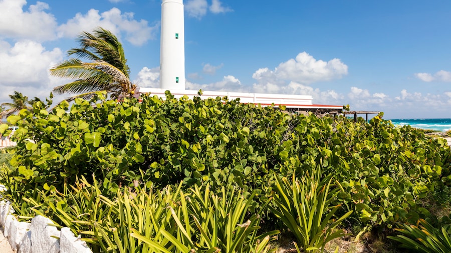 Leuchtturm im Nationalpark Punta Sur an der Küste der karibischen Insel Cozumel. Der Leuchtturm Faro Celerain mit Museum im Naturschutzgebiet Eco Beach Park und ein blauer Himmel in Mexiko.