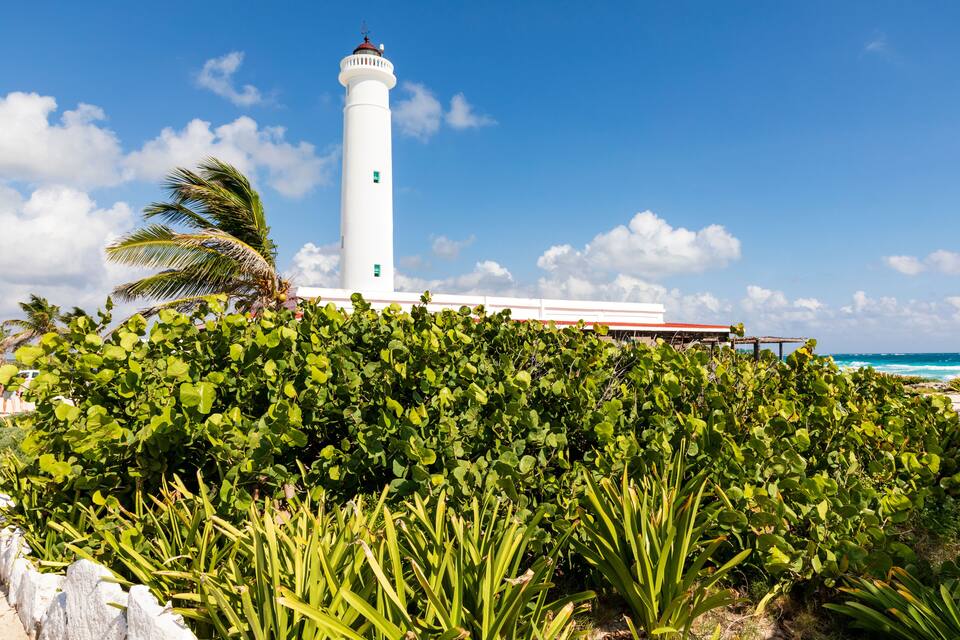 A white lighthouse, lush green foliage, and a clear blue sky.