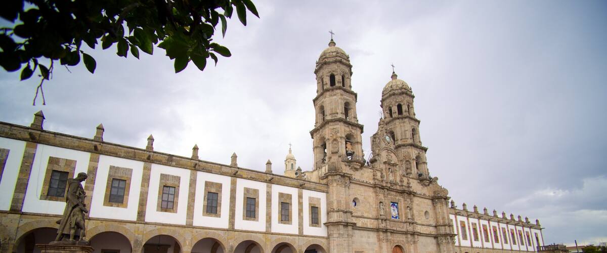 Basílica de Zapopan mostrando arquitectura patrimonial, una ciudad y una plaza