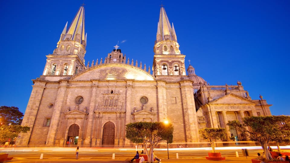 A large cathedral with two tall spires and a dome, surrounded by trees and streetlights.