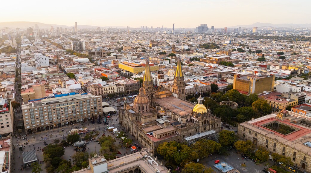 Guadalajara cathedral dominating downtown skyline during golden sunset. Jalisco State, Mexico