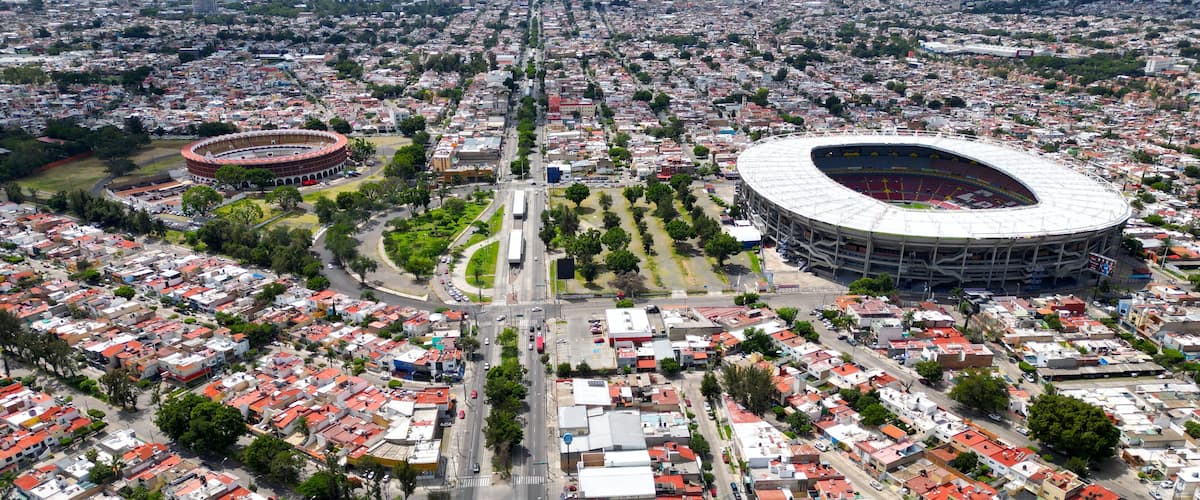 Calzada Independencia Drone Shot Jalisco Stadium and Bullring from Above Mexico