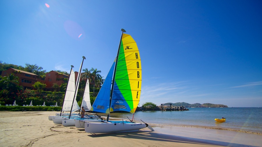 A beach with sailboats, palm trees, and buildings in the background.