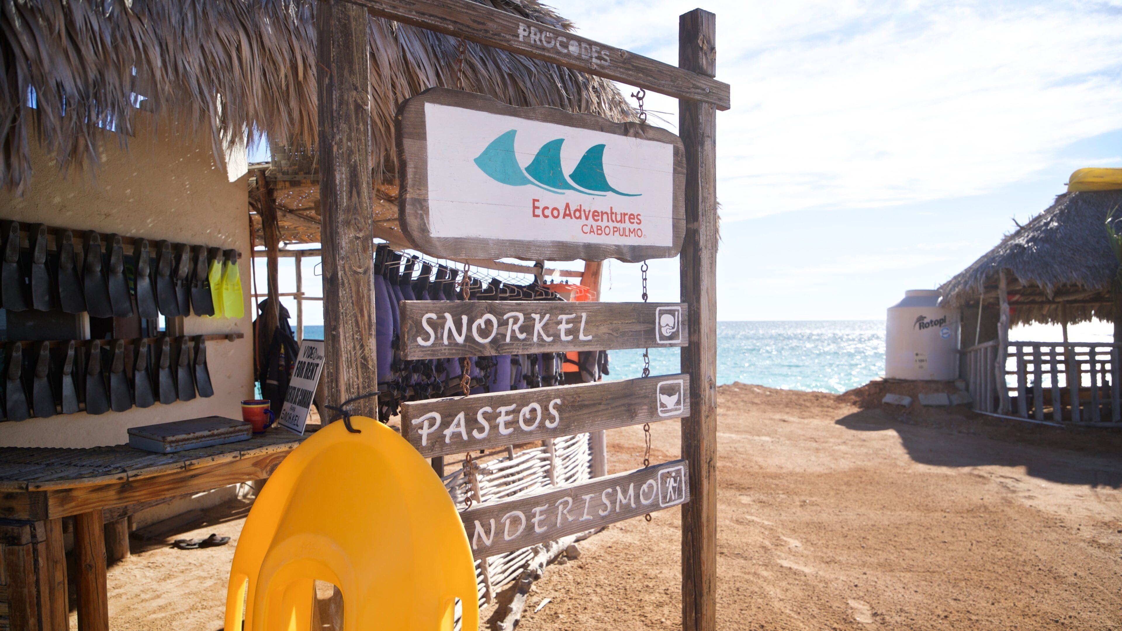 Cabo Pulmo which includes general coastal views and signage