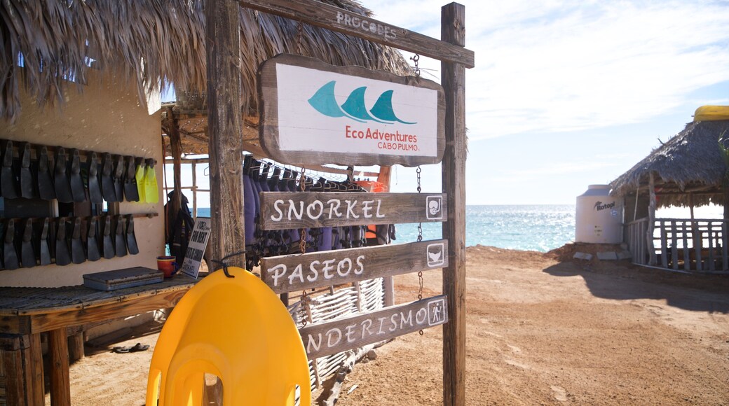 Cabo Pulmo which includes general coastal views and signage