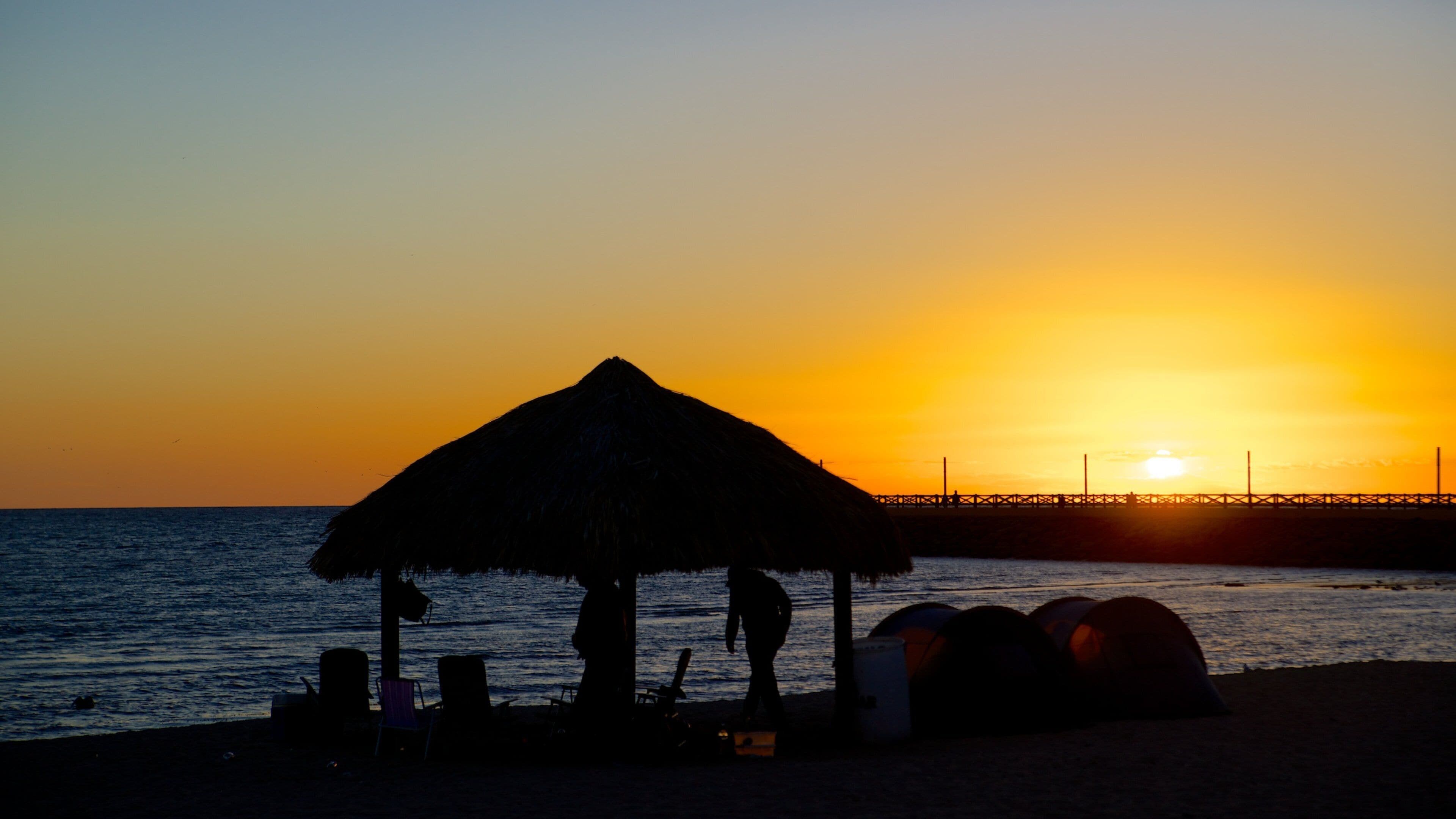 Playa Miramar which includes tropical scenes, a sunset and general coastal views