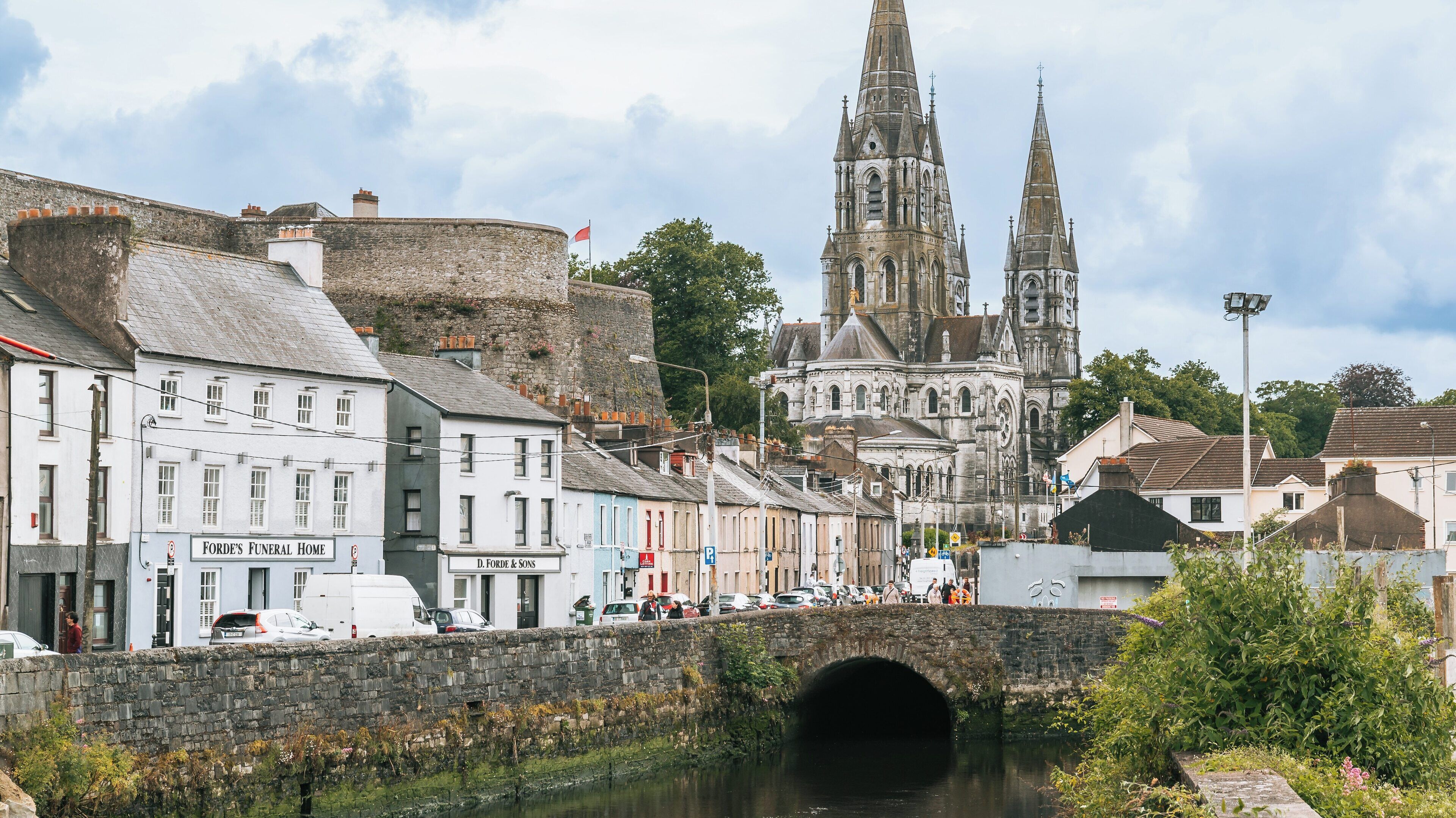 Stunning view of Saint Fin Barre's Cathedral rising over Cork cityscape with historic architecture and lush surroundings