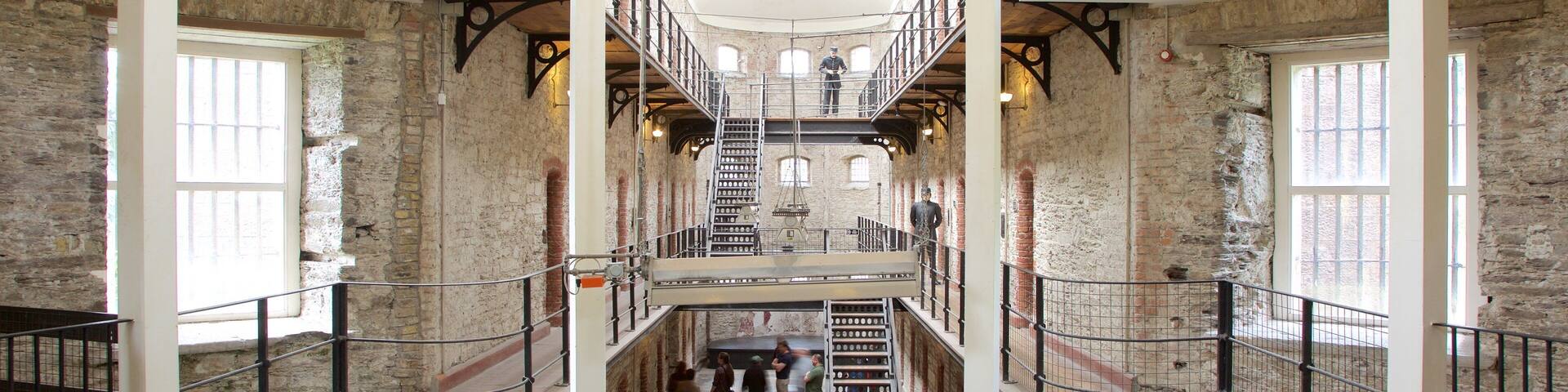 Cork City Gaol featuring interior views, an administrative buidling and heritage elements