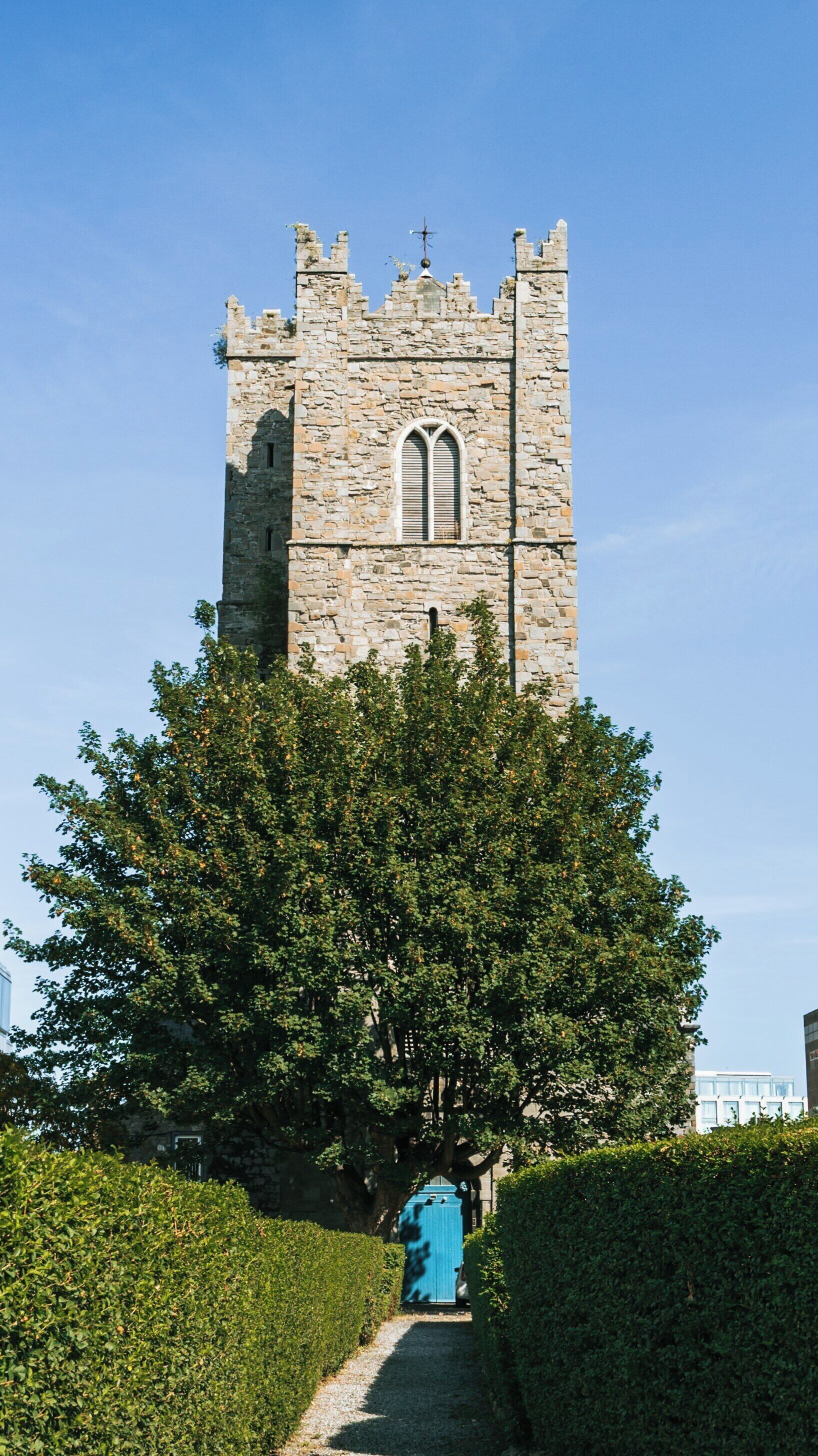 Historic St. Michan's Church rising against a clear sky in City Centre Dublin showcasing its Medieval architecture and surrounding greenery