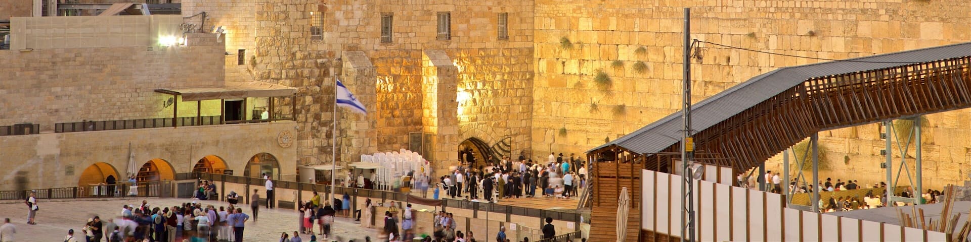 Western Wall showing heritage elements, a city and landscape views