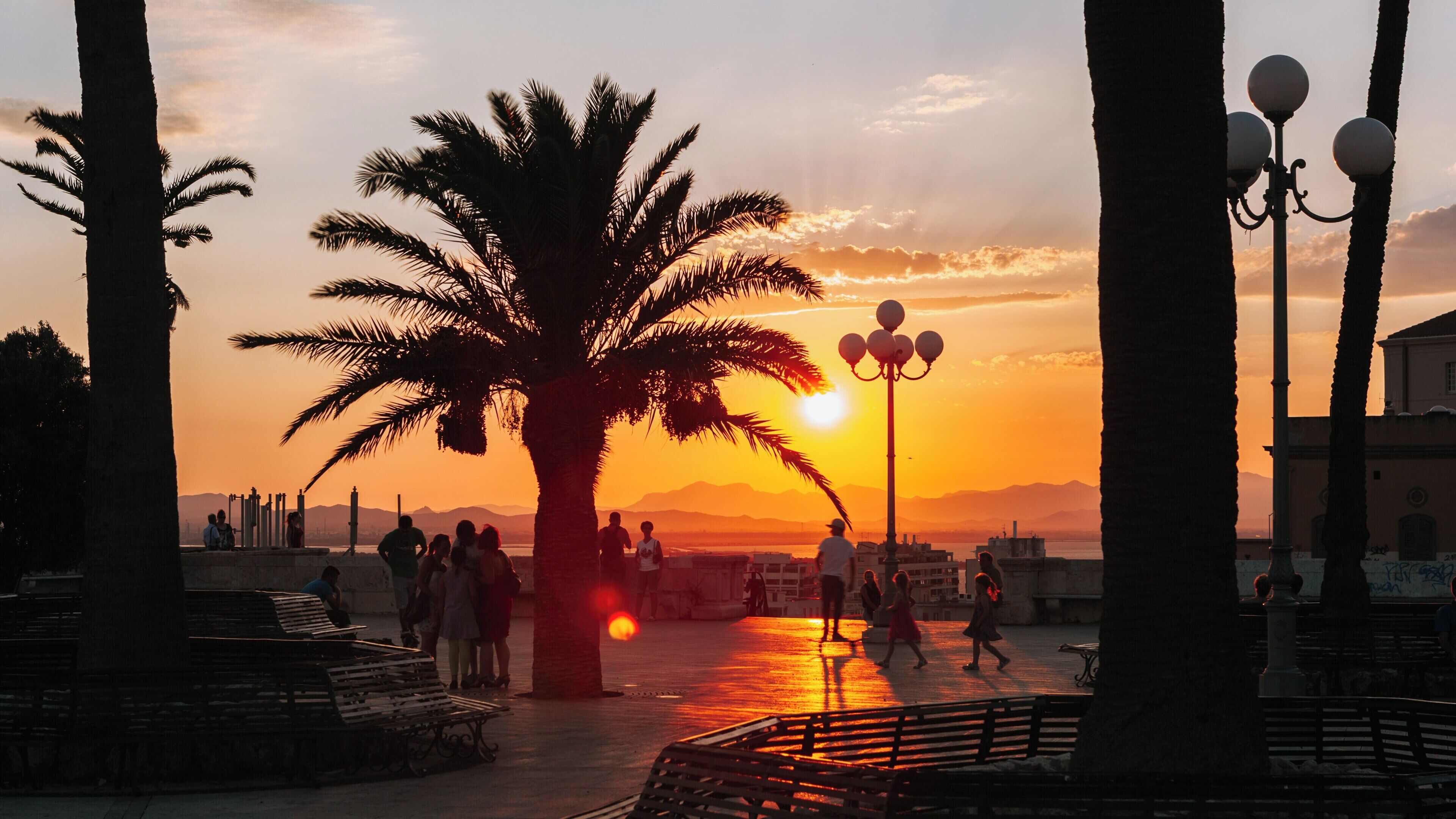 Bastion of Saint Remy during a picturesque sunset in Cagliari, Sardinia highlighting historic architecture and vibrant atmosphere