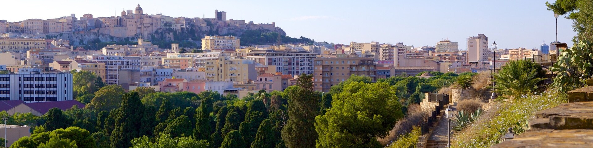 Un paisaje urbano con una fortaleza imponente en una colina, abundante vegetación y una mezcla de arquitectura moderna y tradicional.