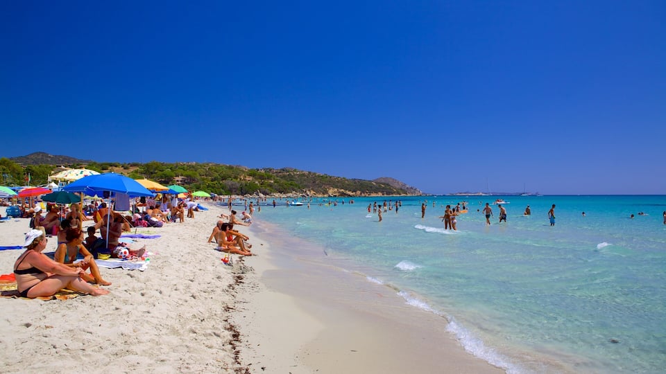 A crowded beach with people sunbathing and swimming.