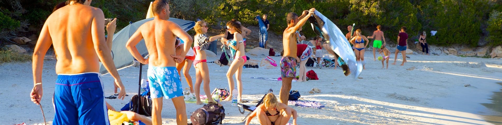 Capriccioli Beach showing a beach as well as a large group of people