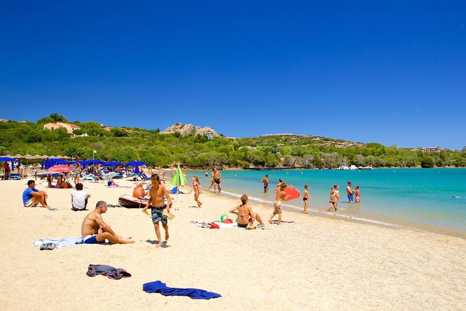 A sunny beach with people sunbathing, swimming, and playing.