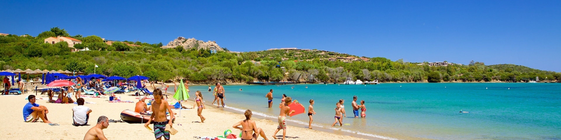 A sunny beach with people sunbathing, swimming, and playing.