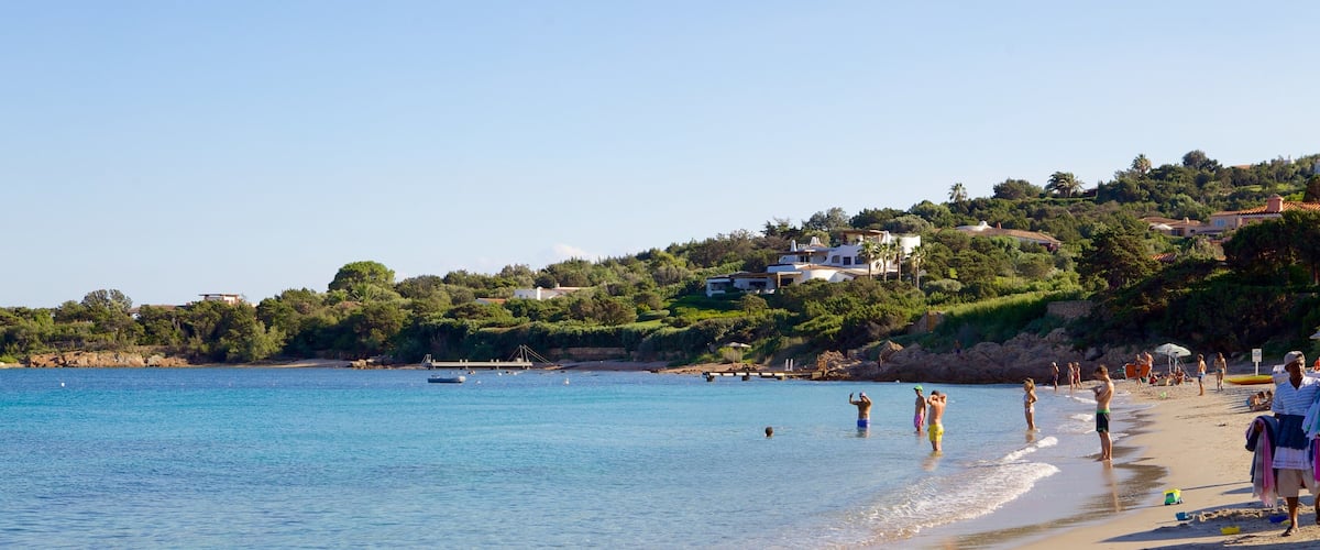 A beach with clear blue water, people sunbathing, and houses on a hillside in the background.