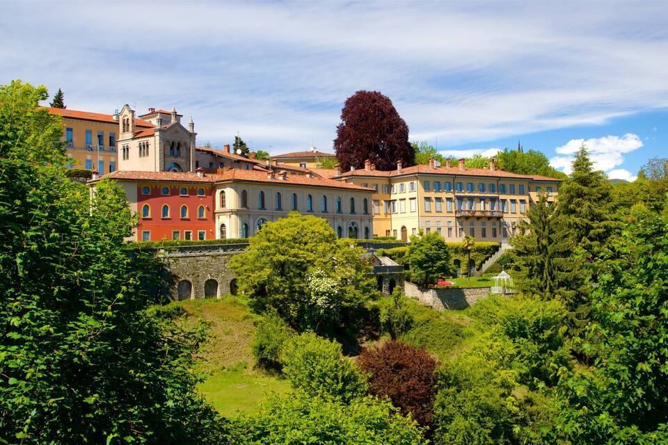 Un complejo de edificios históricos con fachadas rojas y amarillas, rodeado de vegetación exuberante y un árbol rojo destacado.
